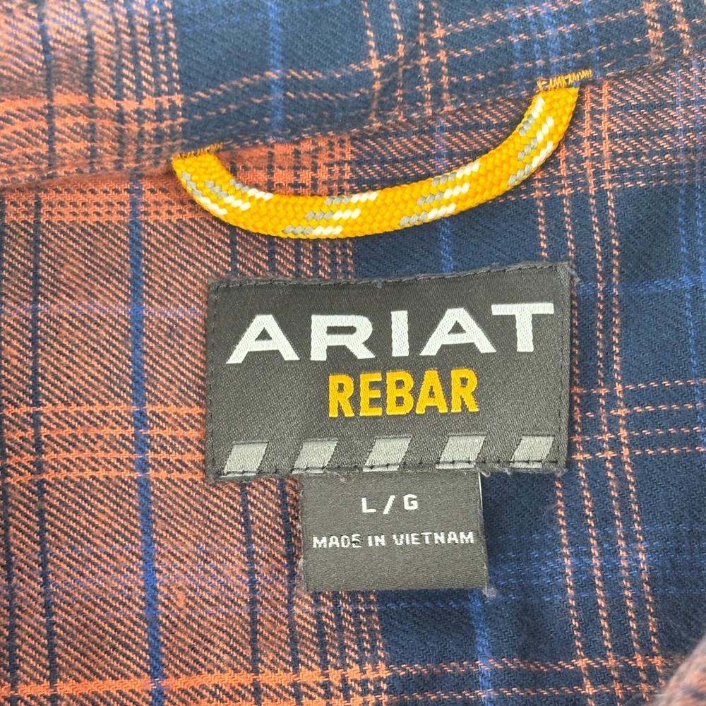 Ariat Rebar Mens Large Orange Navy Blue Plaid Flannel Work Shirt Button Down L - Picture 7 of 11